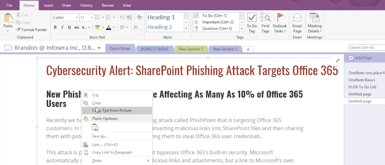 copy text from picture onenote